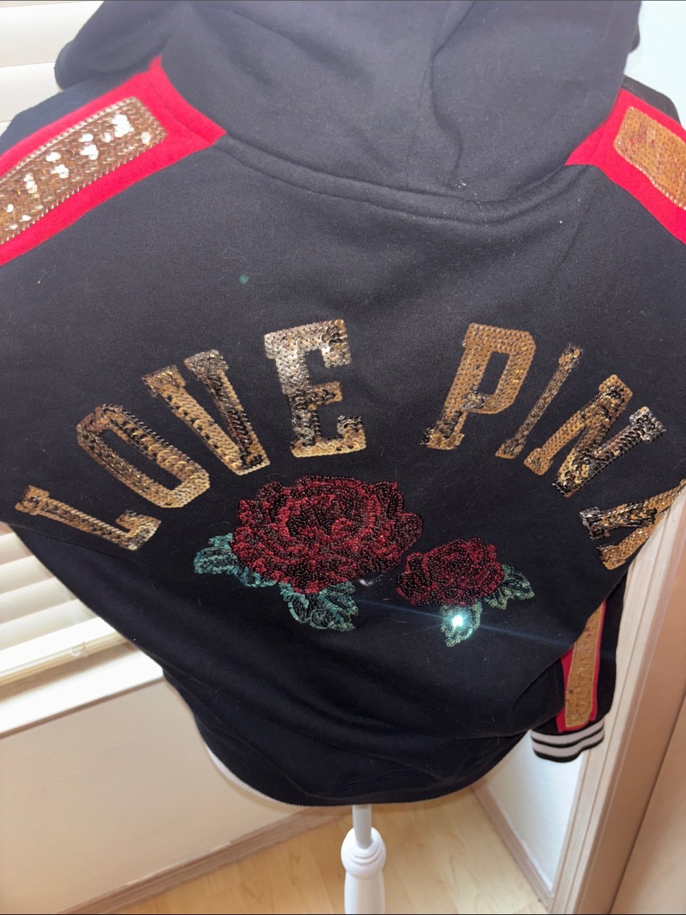 PINK Victoria's Secret Black Lace-Up Hooded Sweatshirt with Gold Logo